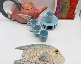 80 HandpaintedTileWallFishDecorativeTeapotEspressoSet