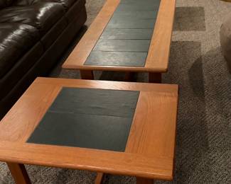 Teak and Black Slate Coffee Table and End Tables