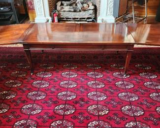 8.5 x 11.5 Bokhara style wool area rug, open Hors d'ouvres table 