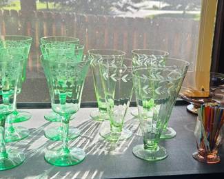 Antique depression glass stemware, serving ware