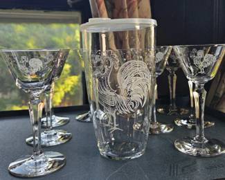 Vintage Libbey glass Chanticleer Rooster cocktail set- shaker and glasses