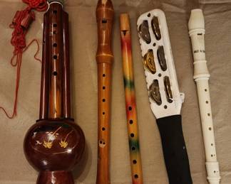 Chinese Hulusi flute, Gerrman Hohner wood recorder, Peruvian bamboo flute, rattle stick, basic plastic recorder