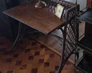 Antique wicker writing desk, banker's lamp
