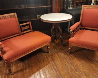 Eastlake, late 1870'-1880's arm chair and settee