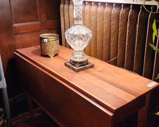 Antique gate leg table, cut glass lamp, brass flower pot