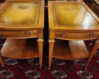 Pair of solid wood leather top end tables by Mersman
