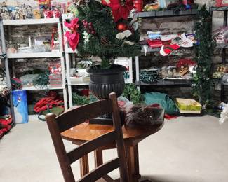 Antique cane seat chair, vintage side table, Christmas decor