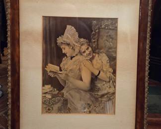 Antique color tinted print in amazing wood frame