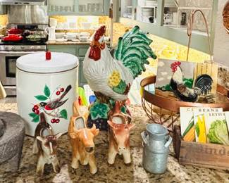 Vintage Kitchen Farmhouse Items - Rooster Cookie Jar - Cow Milk Pitchers