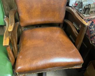 Vintage Brown Wooden Rolling Office Arm Chair W/ Nail Head Trim