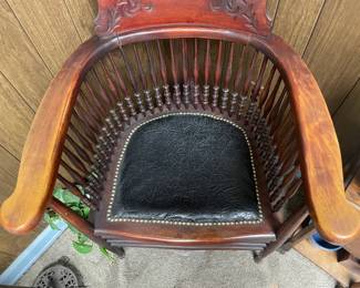 BEAUTIFUL Antique Wooden Arm Chair W/ Black Seat & Nail Head Trim