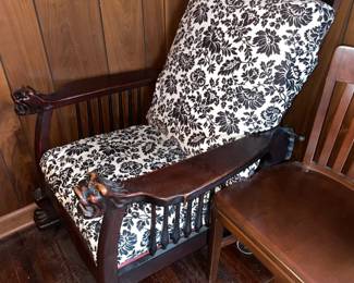 Antique Reclining Wooden Chair W/ Carved Lion Head & Claw Details