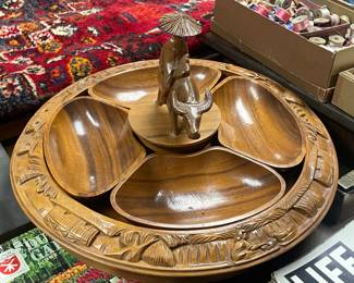 Hand Carved Wooden Lazy Susan W/ Intricate Details