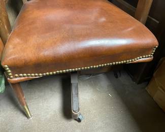Vintage Brown Wooden Rolling Office Arm Chair W/ Nail Head Trim