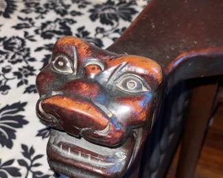 Antique Reclining Wooden Chair W/ Carved Lion Head & Claw Details