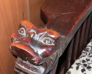 Antique Reclining Wooden Chair W/ Carved Lion Head & Claw Details