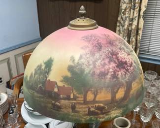 Antique Reverse Hand Painted Glass Shade Lamp