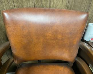 Vintage Brown Wooden Rolling Office Arm Chair W/ Nail Head Trim