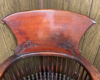 BEAUTIFUL Antique Wooden Arm Chair W/ Black Seat & Nail Head Trim