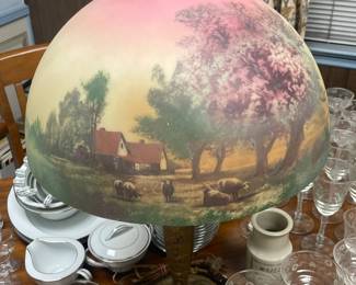 Antique Reverse Hand Painted Glass Shade Lamp