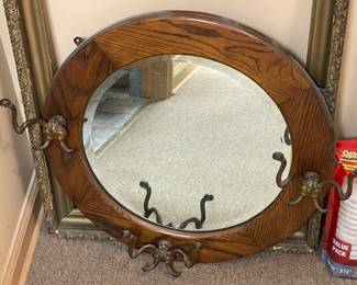 Antique Oak Mirror W/ Cast Iron Hooks
