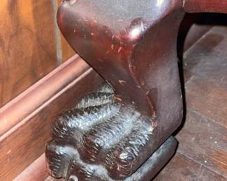 Antique Reclining Wooden Chair W/ Carved Lion Head & Claw Details