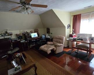 Leather recliner, office desks, printers, computer items