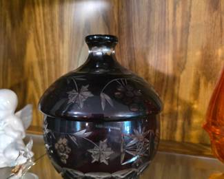 Vintage Bohemian Ruby Red Cut to Clear Crystal Candy Dish with Lid.