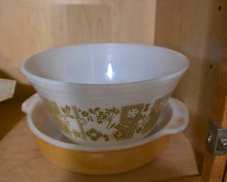 Vintage Federal White Milk Glass Bowl HTF Olive Green Flowers Stripes USA
