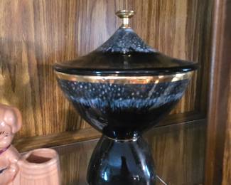 Vtg HULL Pottery MCM Footed Black Drip Lidded Centerpiece Compote Candy Dish