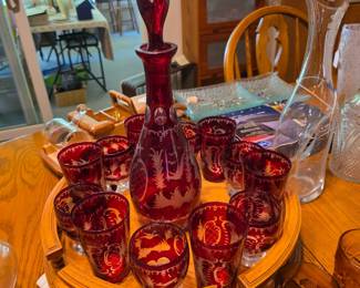 BOHEMIAN 6 Crystal RUBY RED WINE GLASS & DECANTER SET, Hand Cut