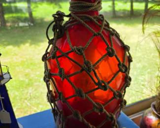 Vintage Aqua float, Burgundy or Red Hand-blown Glass Netted with Nautical Rope.