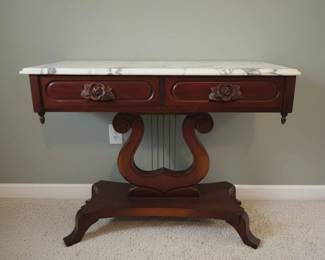 Empire Style Lyre Base Mahogany Console Table with Italian Marble Top