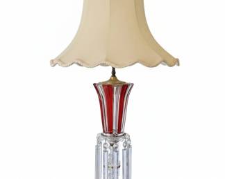 Vintage Bohemian Ruby Red and Clear Crystal Table Lamp with Hanging Prisms