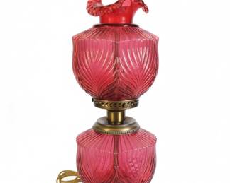 Vintage Cranberry Glass Gone With The Wind Style Lamp with Ribbed Pattern