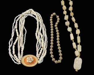 Vintage Costume Jewelry Necklace Collection with Cameo Pendant, GoldTone Beads, and Egyptian Revival Pendant
