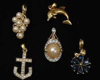 Collection of Five Vintage Costume Jewelry Pendants Anchor, Dolphin, Flower, Pearl Cluster, and Oval Pearl