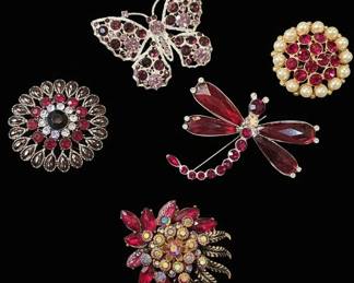 Collection of Five Vintage Costume Jewelry Brooches  Butterfly, Dragonfly, Floral, and Pearl Designs
