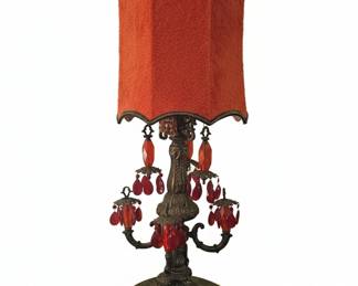 Loevsky Style Hollywood Regency Candelabra Table Lamp with Red Glass Crystals