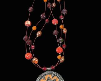 Artisan Beaded Pendant Necklace with Orange Enamel and Red Cabochon