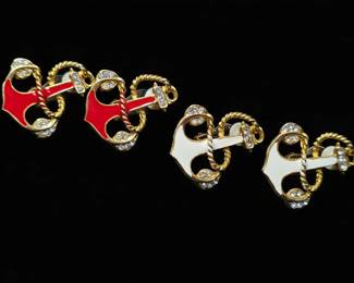 Vintage Nautical Anchor Red and White Enamel ClipOn Earrings