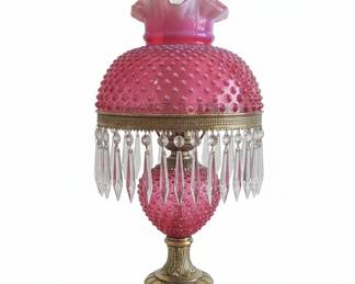 Fenton Cranberry Hobnail GoneWithTheWind Style Lamp with Prisms