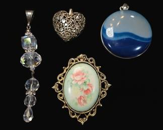 Assorted Vintage Costume Jewelry Lot with Aurora Borealis Pendant, Filigree Heart Pendant, Agate Cabochon Pendant, and Rose Transfer Print Brooch