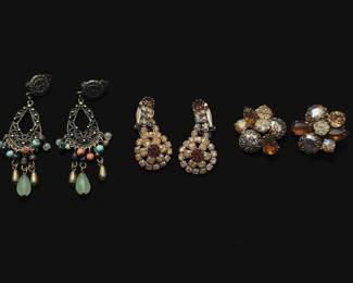 Vintage Costume Earring Collection Bohemian Chandelier, Amber Rhinestone Cluster, and Floral Motif