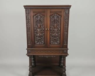 Antique French Renaissance Revival Carved Walnut Bar Cabinet, Circa s