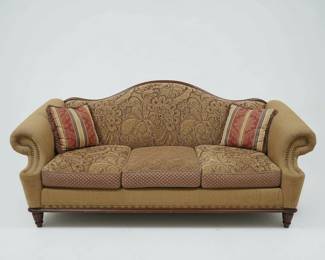 Vintage Ethan Allen French Country Pink Stripped Camelback Settee Loveseat