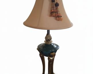 Vintage Teal Urn Table Lamp with Figural Base and Tassels
