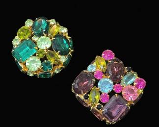 Vintage MultiColor and Green Rhinestone Cluster Brooches
