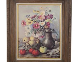 Henk Bos Still Life Oil Painting with Flowers, Fruit, and Pewter Pitcher