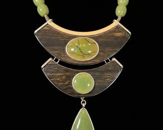 Chicos Green Cabochon and WoodTone Statement Necklace
